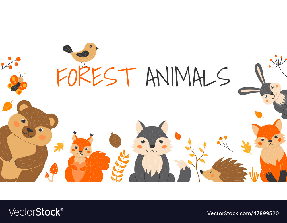 With cute forest animals and plants in cartoon