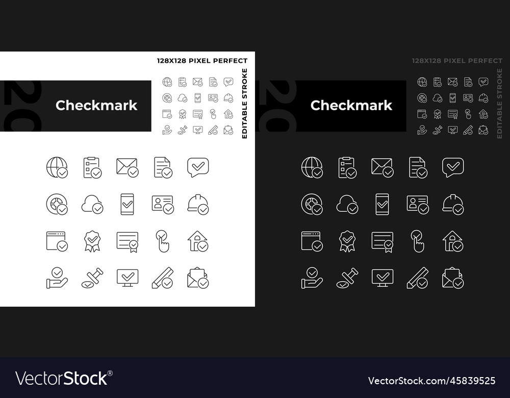 Checkmark pixel perfect linear icons set for dark vector image Checkmark pixel perfect linear icons set for dark