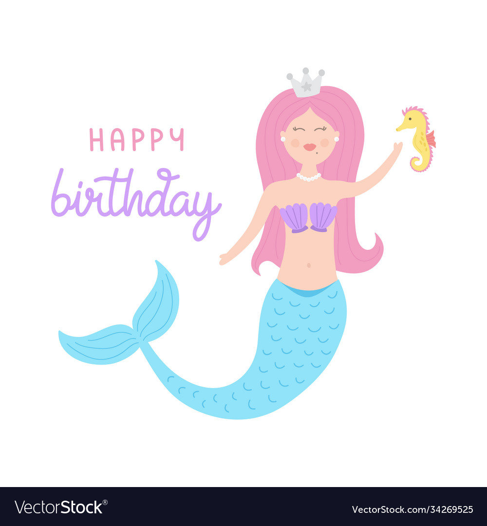 Cute mermaid birthday greeting card Royalty Free Vector