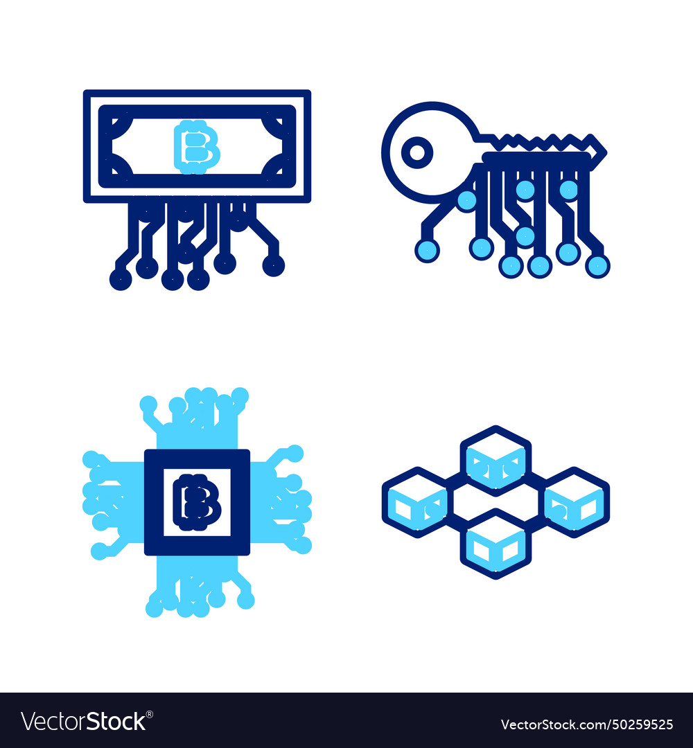 Set line blockchain technology processor vector image Set line blockchain technology processor