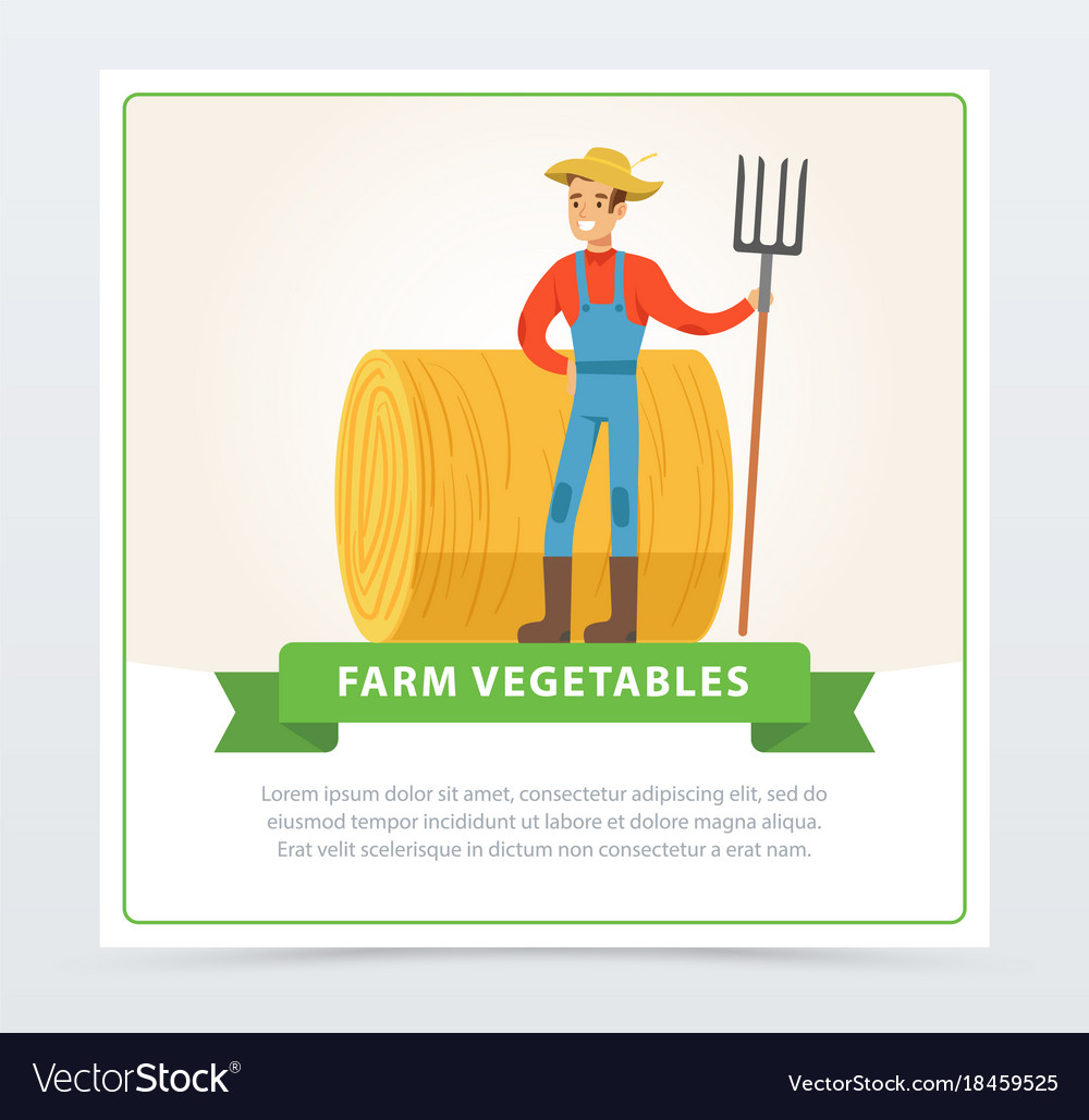 Smiling farmer stands with a pitchfork in front