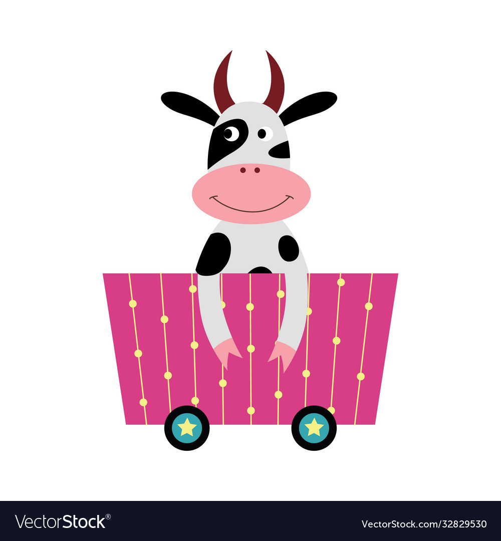 Cow in toy train or carousel wagon flat cartoon Vector Image Cow in toy train or carousel wagon flat cartoon Vector Image