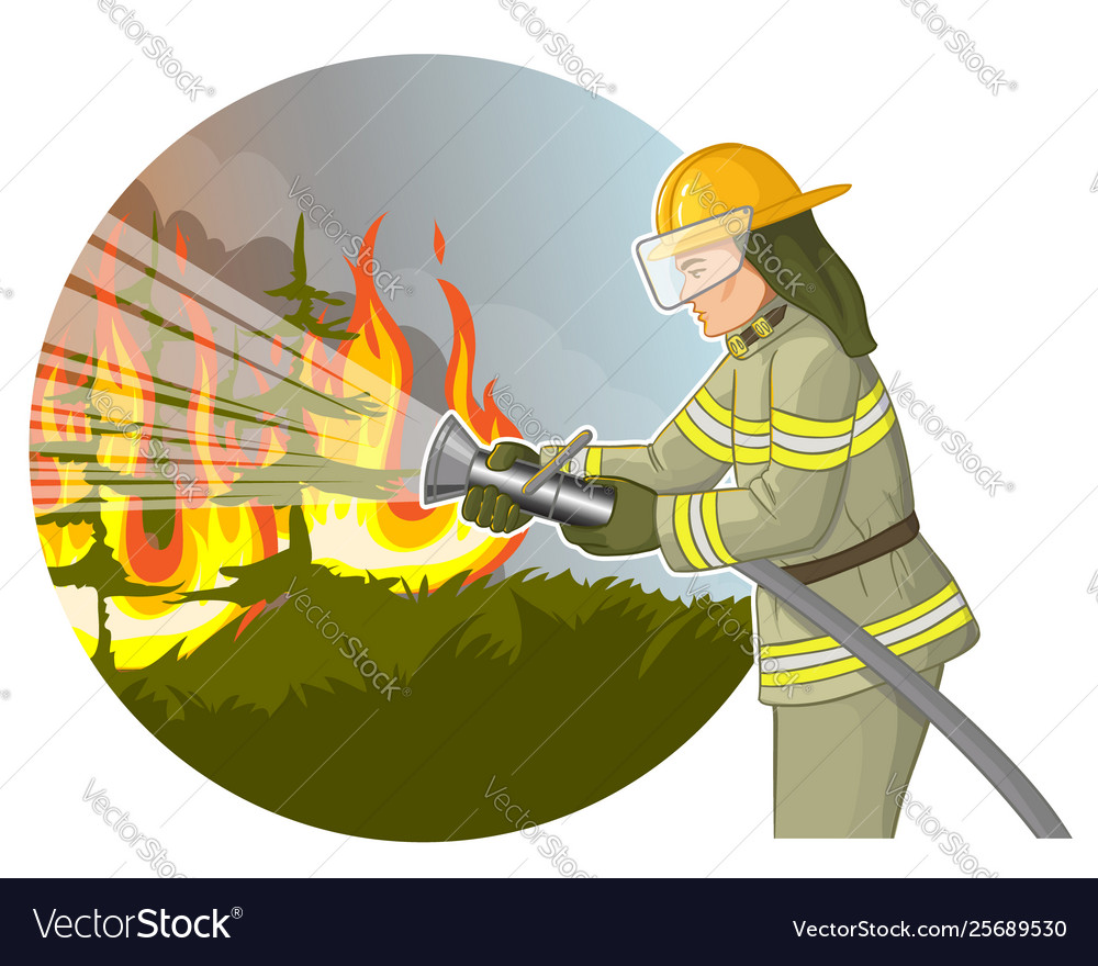 Firefighter with a fire hose against a fire Vector Image