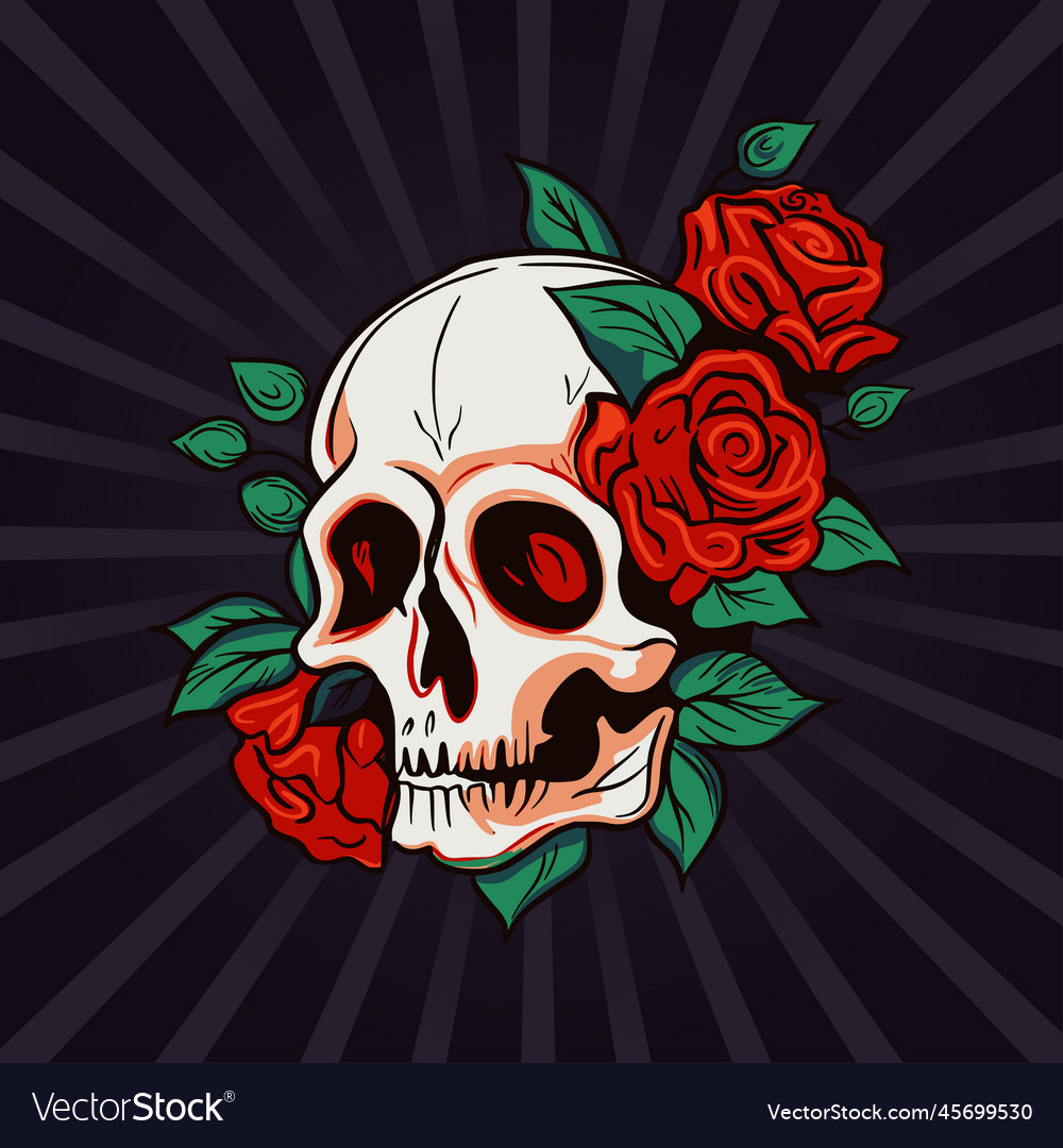 Skull head and rose flower symbol drawing print