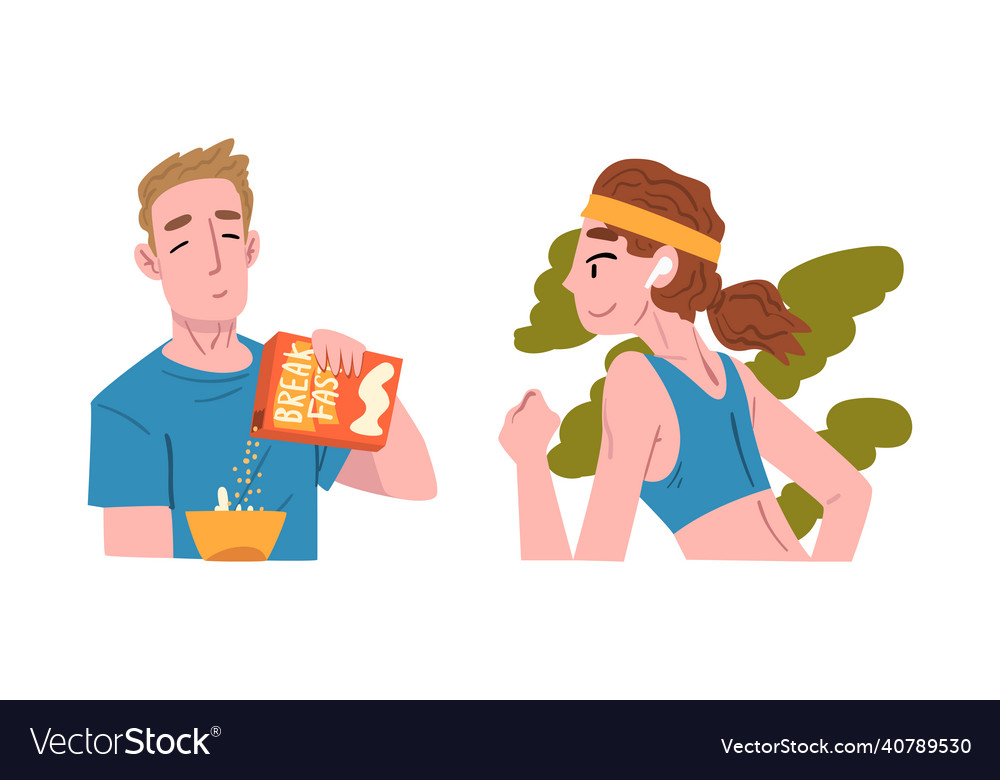 Young man eating breakfast cereal and woman