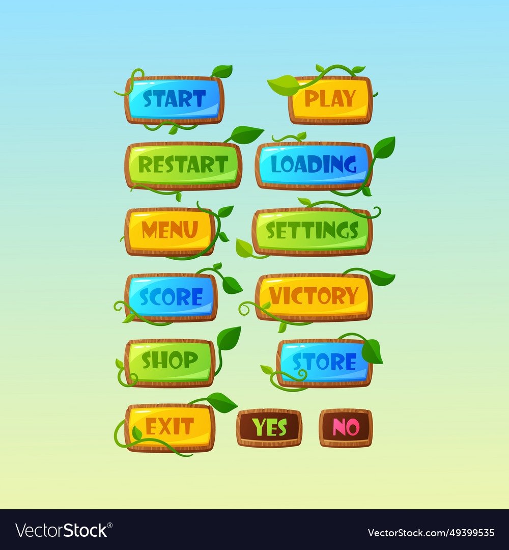 Game menu interface buttons colorful boards start vector image Game menu interface buttons colorful boards start