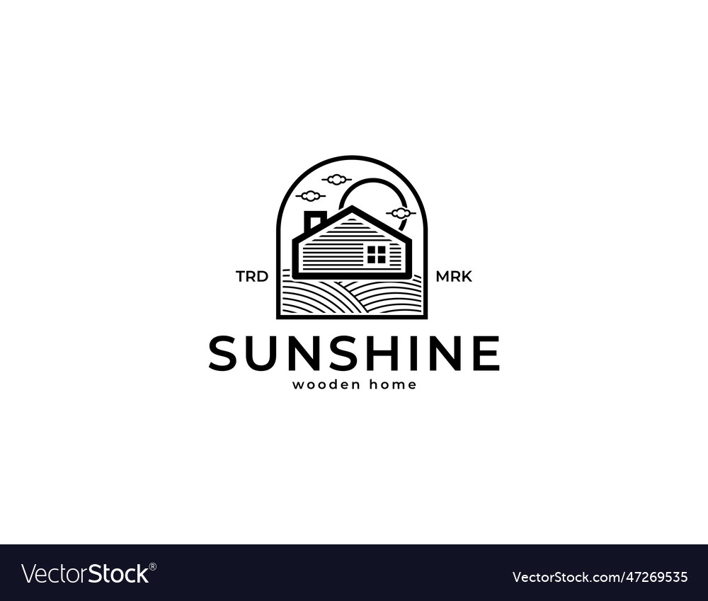 Garden wooden house and sun minimalist logo