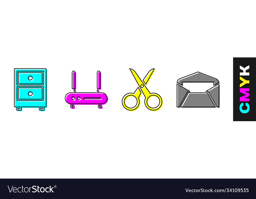 Set drawer with documents router and wi-fi signal vector image Set drawer with documents router and wi-fi signal