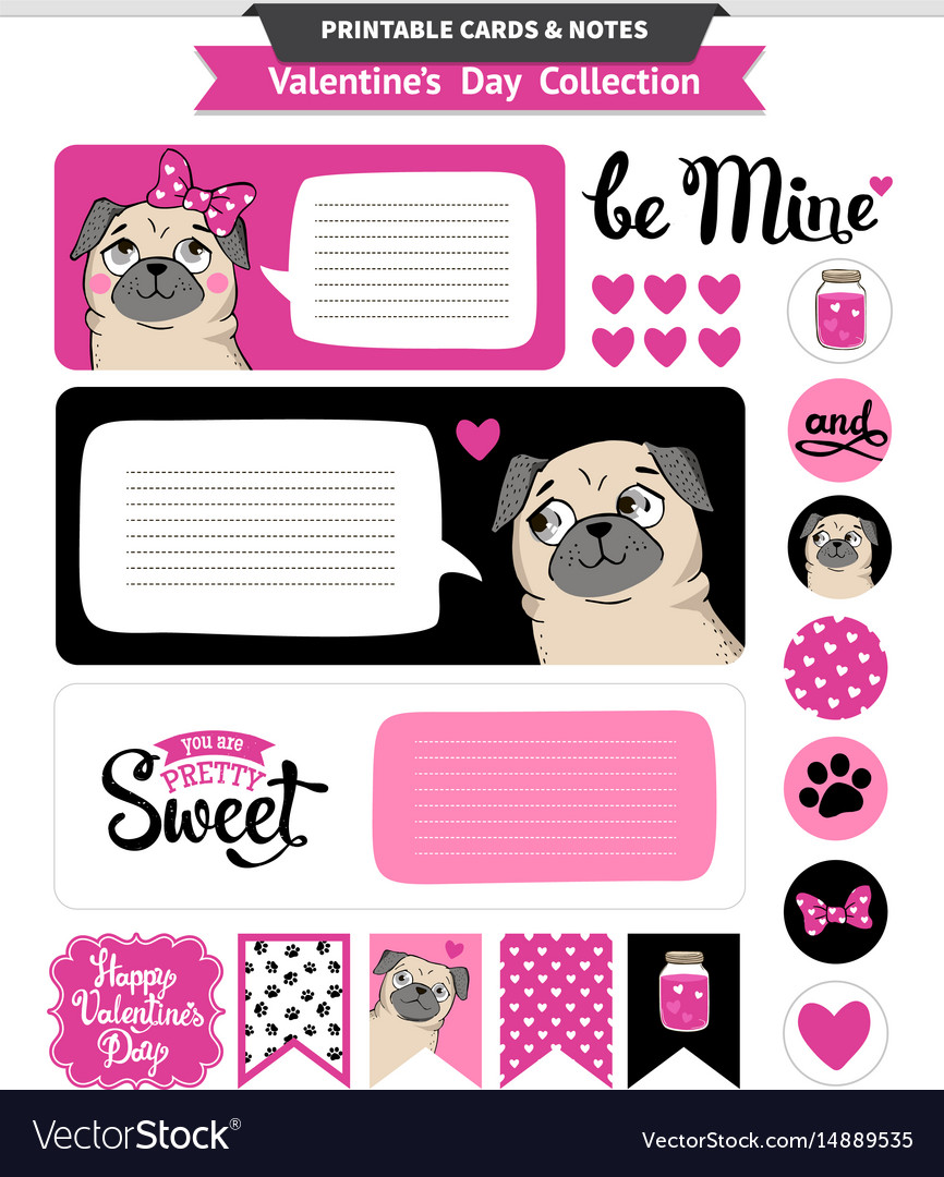Valentines Day Printable Set Wih Funny Pugs Vector Image