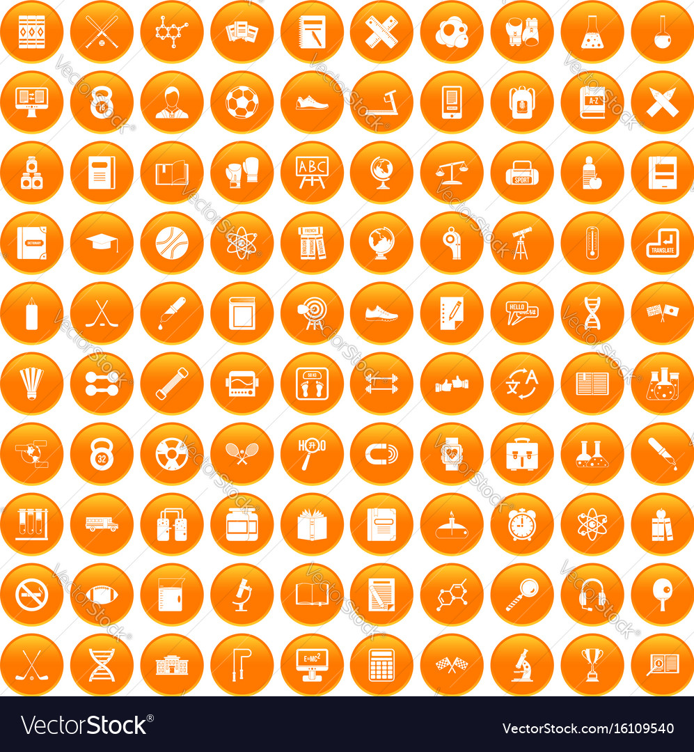 100 college icons set orange Royalty Free Vector Image