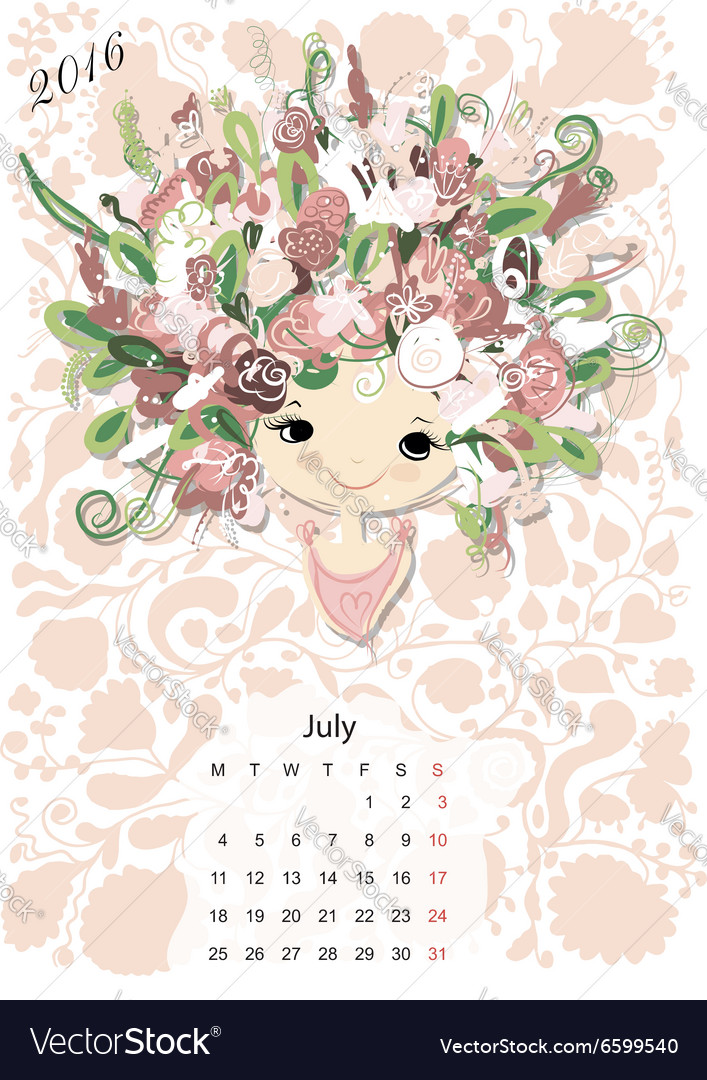 Calendar 2016july month season girls design Vector Image