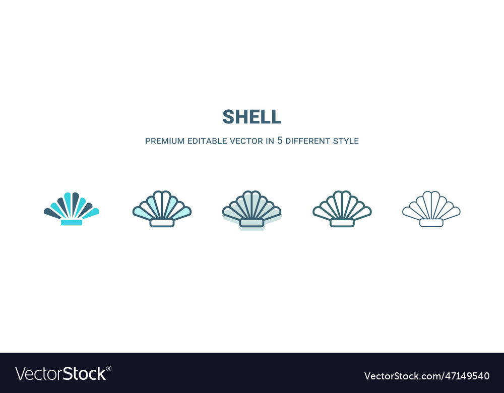Shell icon in 5 different style outline filled vector image Shell icon in 5 different style outline filled