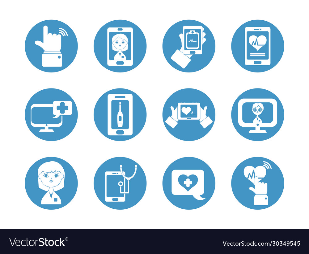 Computers and doctor online icon set block style