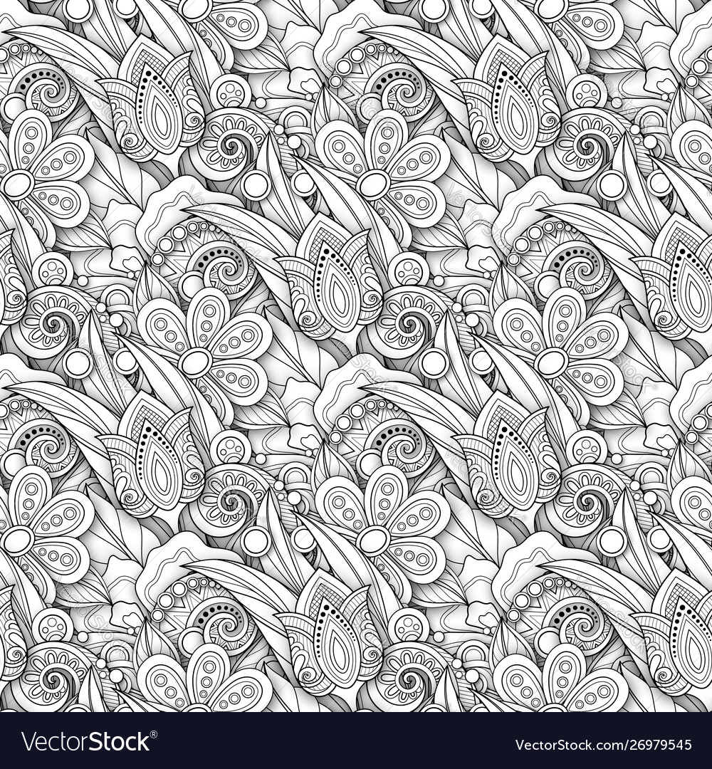 Monochrome seamless pattern with floral motifs