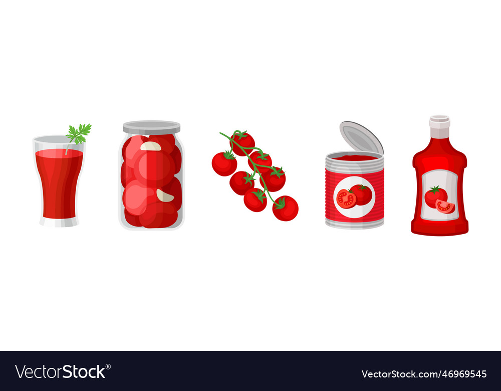 Red tomato product with ketchup juice and can