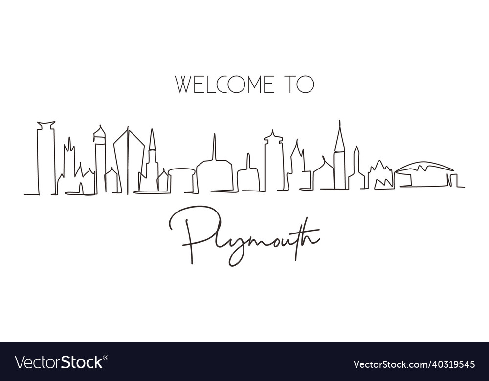 Single one line drawing plymouth city skyline