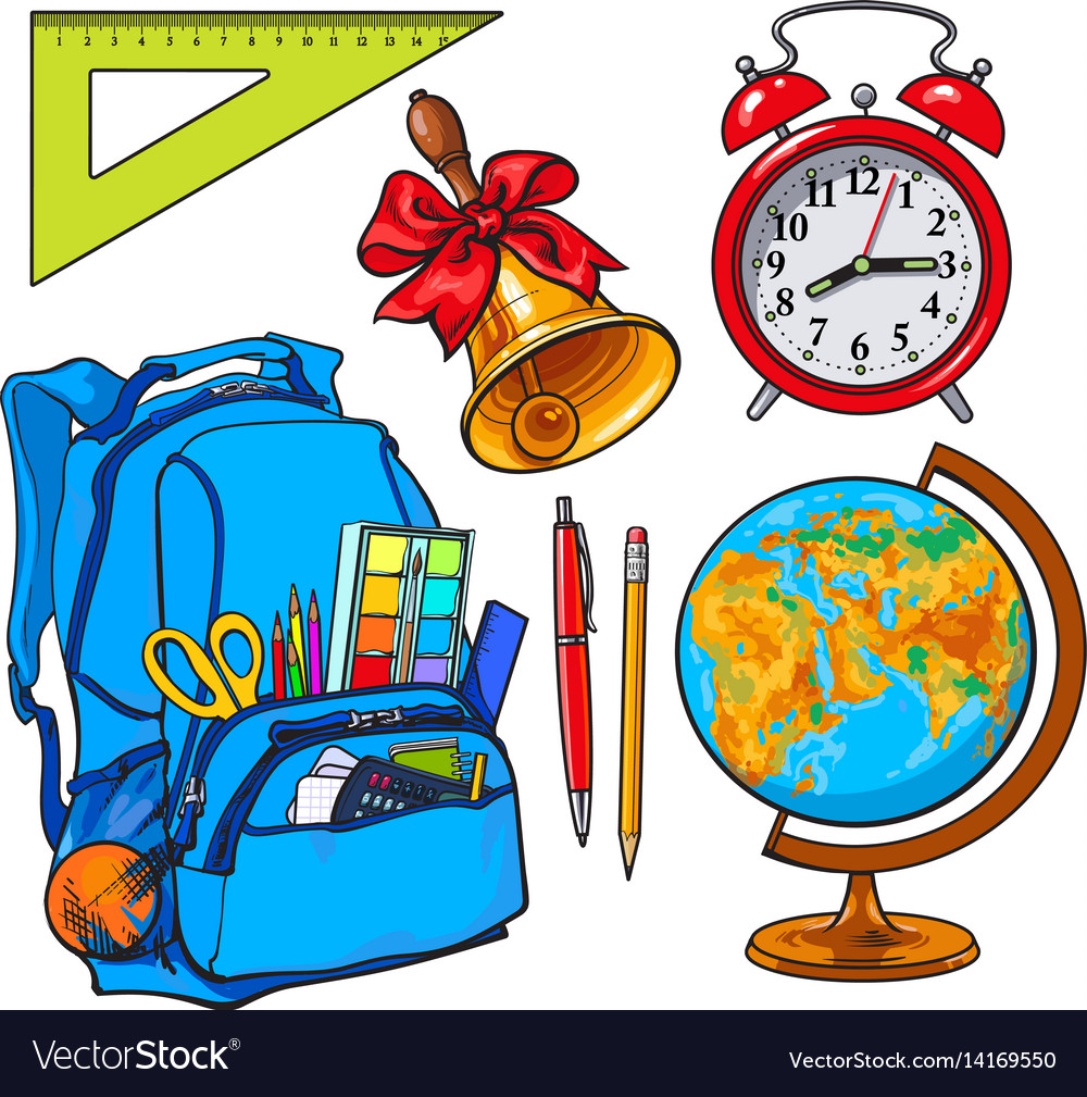 Backpack packed with school items alarm clock Vector Image