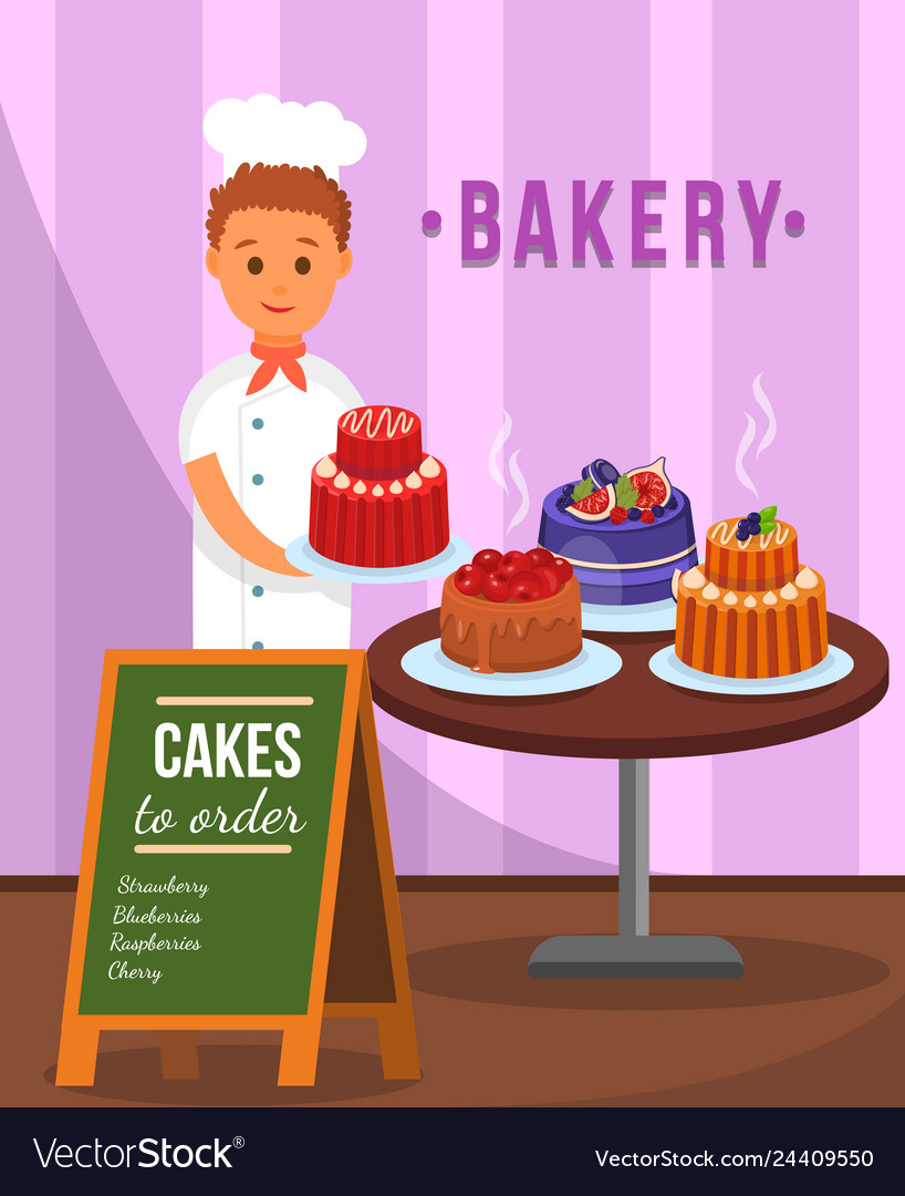 Confectioner with cakes flat