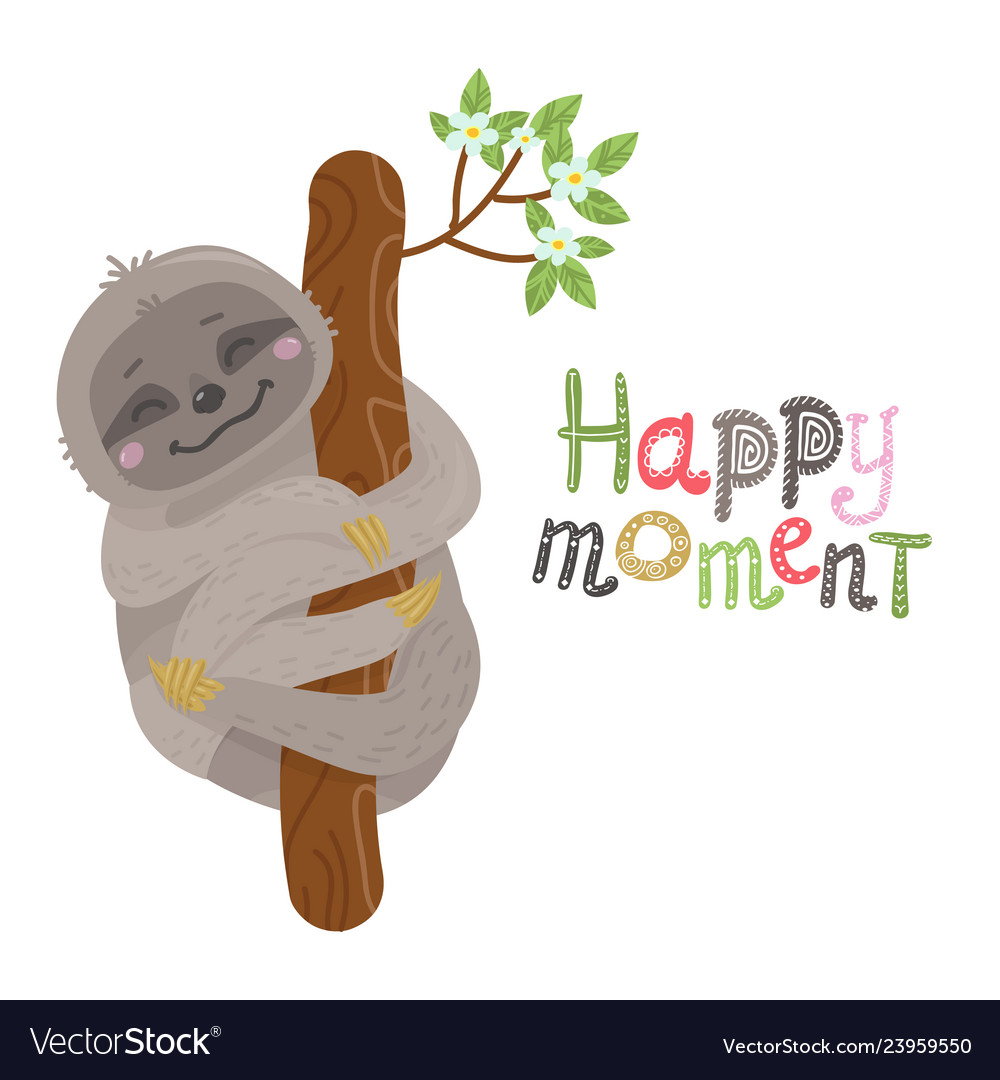 Cute cartoon sloth hanging on a tree