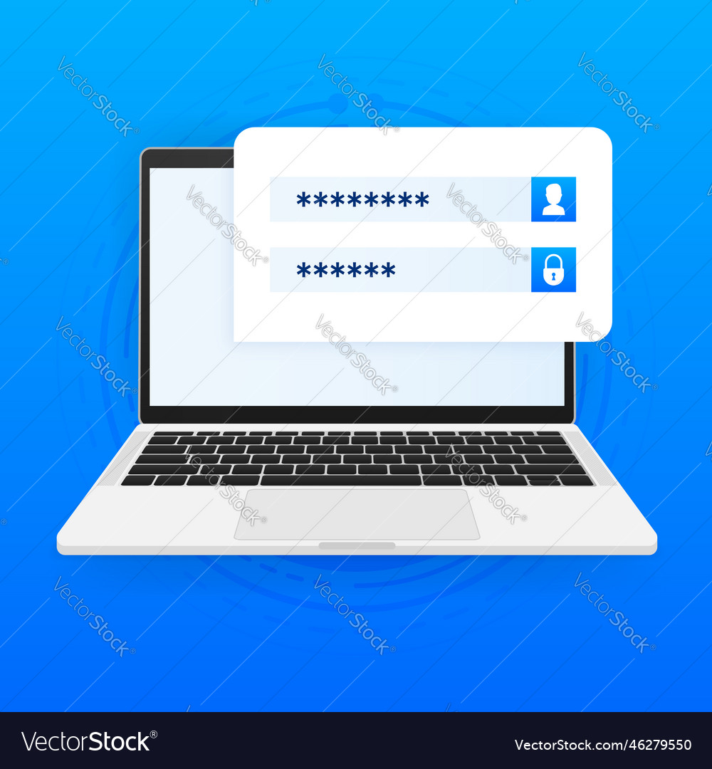 Laptop with login form and password page vector image Laptop with login form and password page
