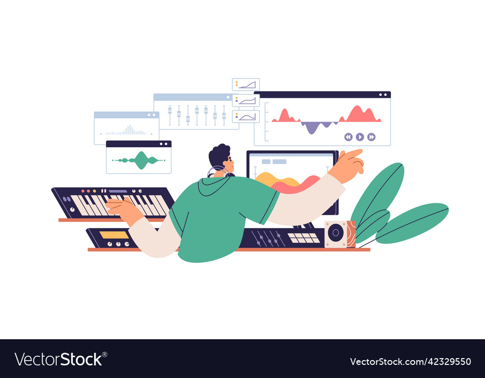 Sound designer composer working with multimedia vector image Sound designer composer working with multimedia