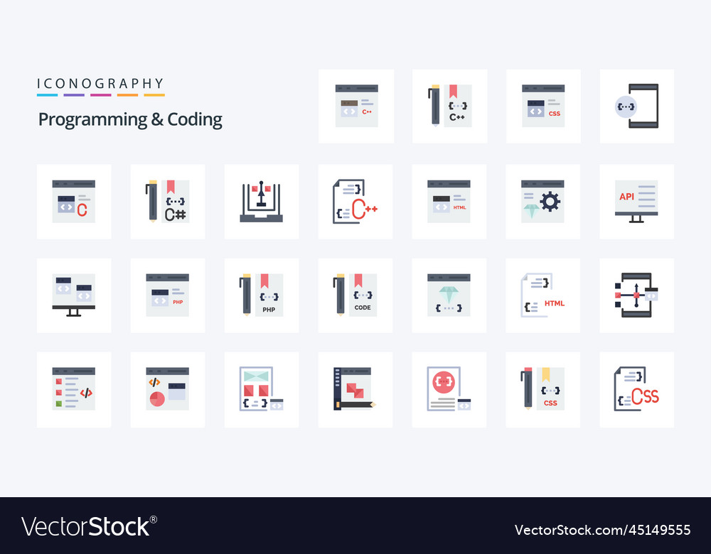 25 programming and coding flat color icon pack