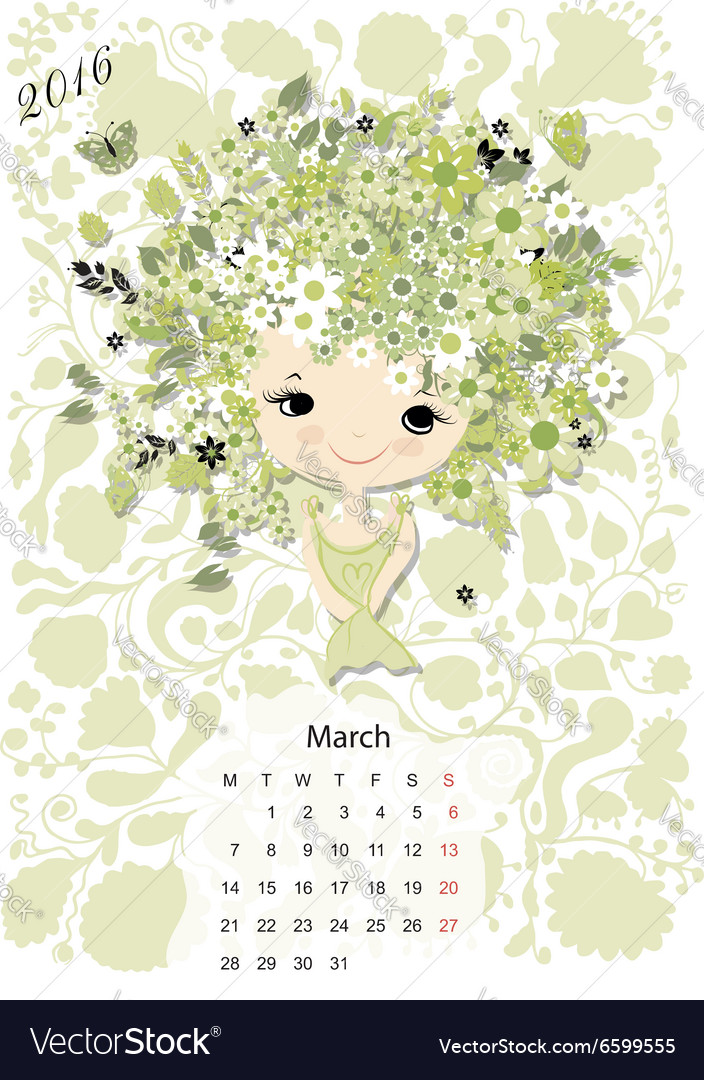 Calendar 2016 marchmonth season girls design Vector Image