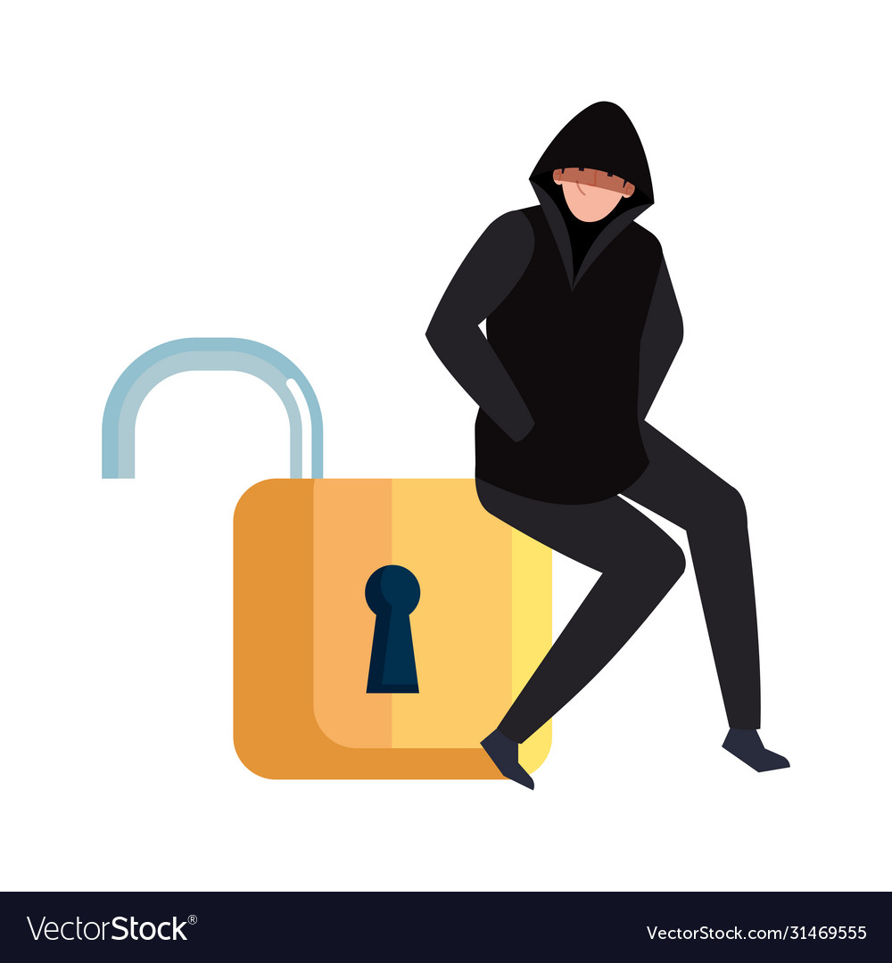 Hacker with padlock on white background