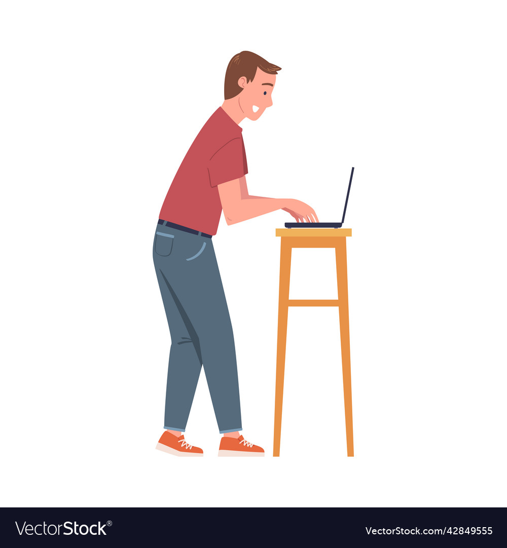 Man character working at laptop rested on stool