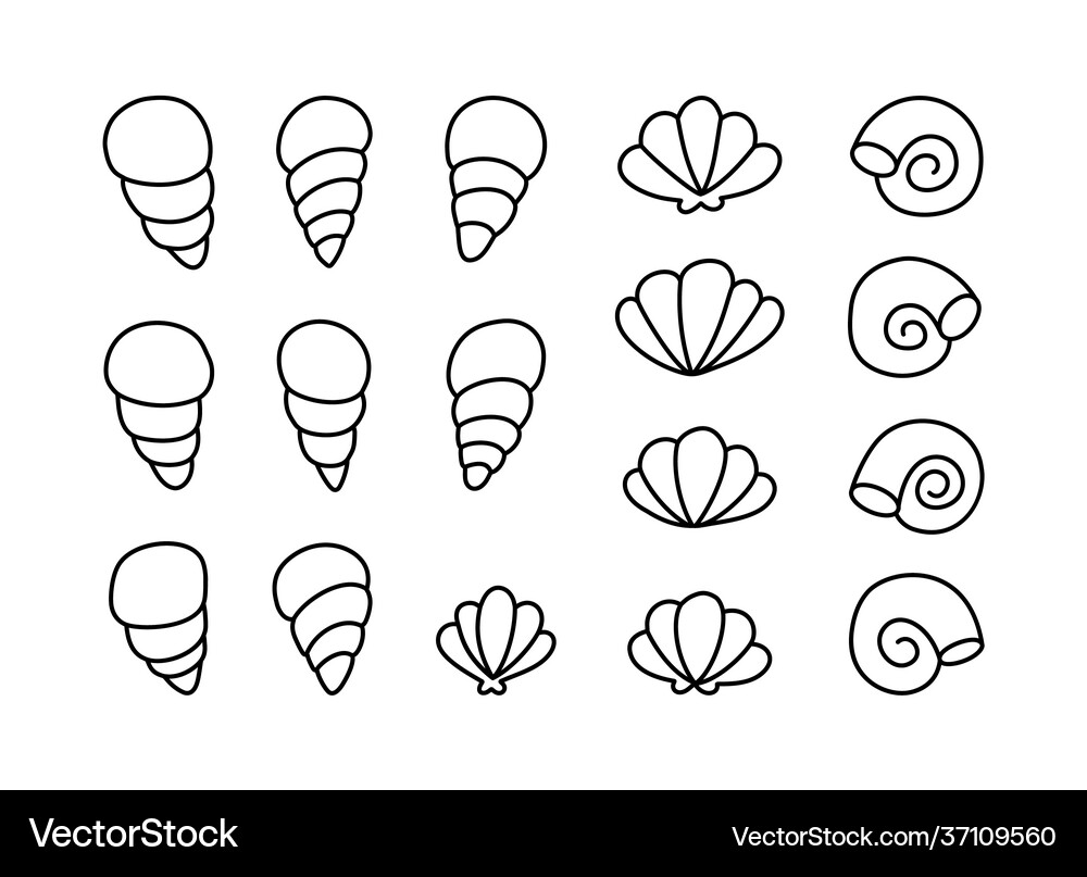 Seashell doodle icons set contour elements Vector Image