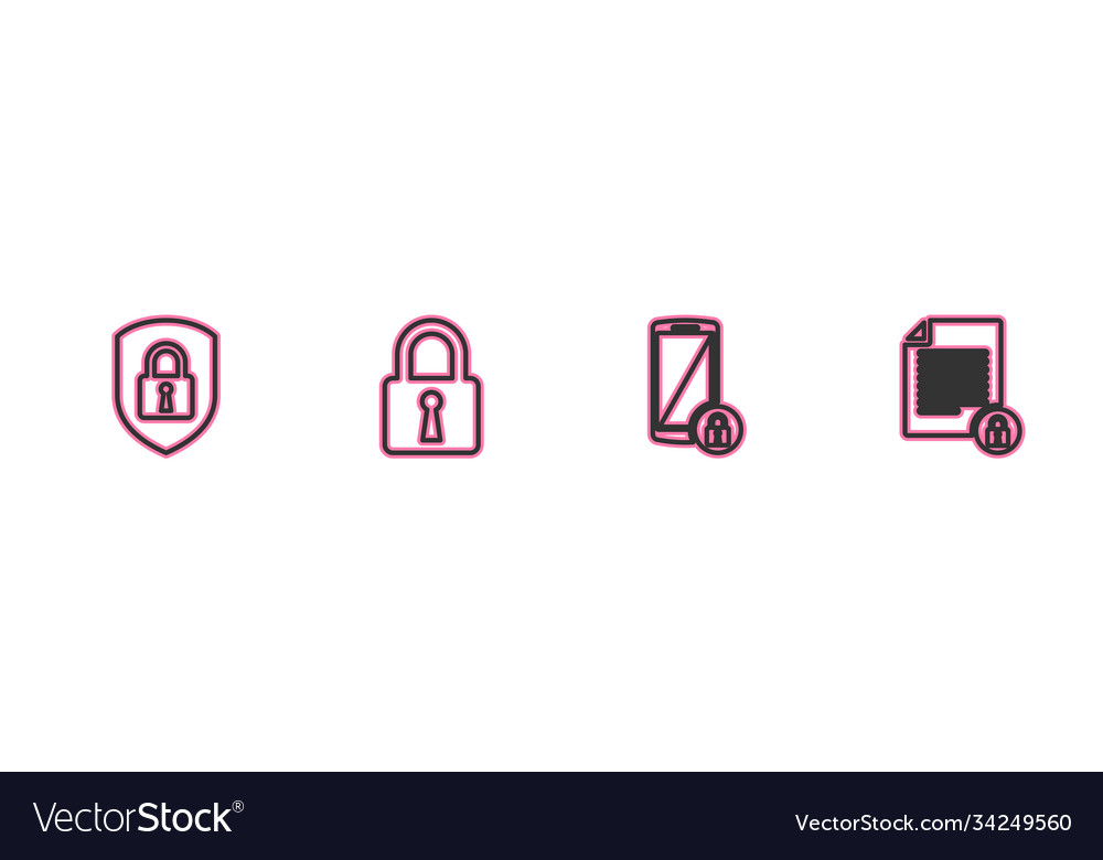 Set line shield security with lock smartphone vector image Set line shield security with lock smartphone