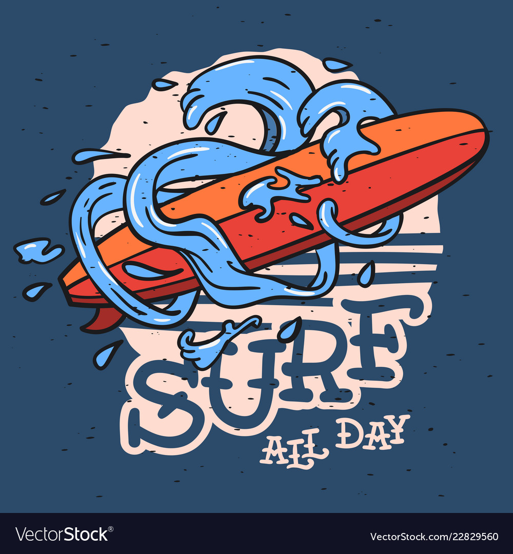 Surfing surf themed longboard and stylized water