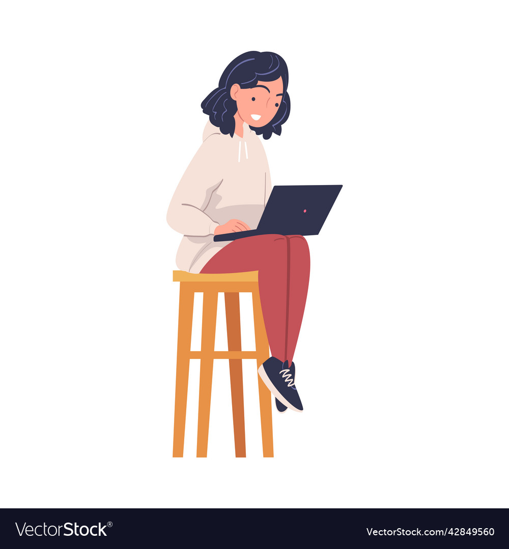 Woman character working at laptop sitting on stool