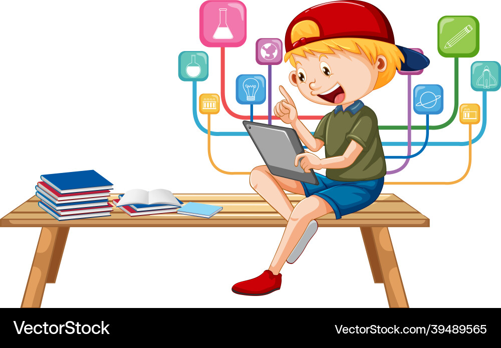 Boy sitting on bench learning from tablet Vector Image