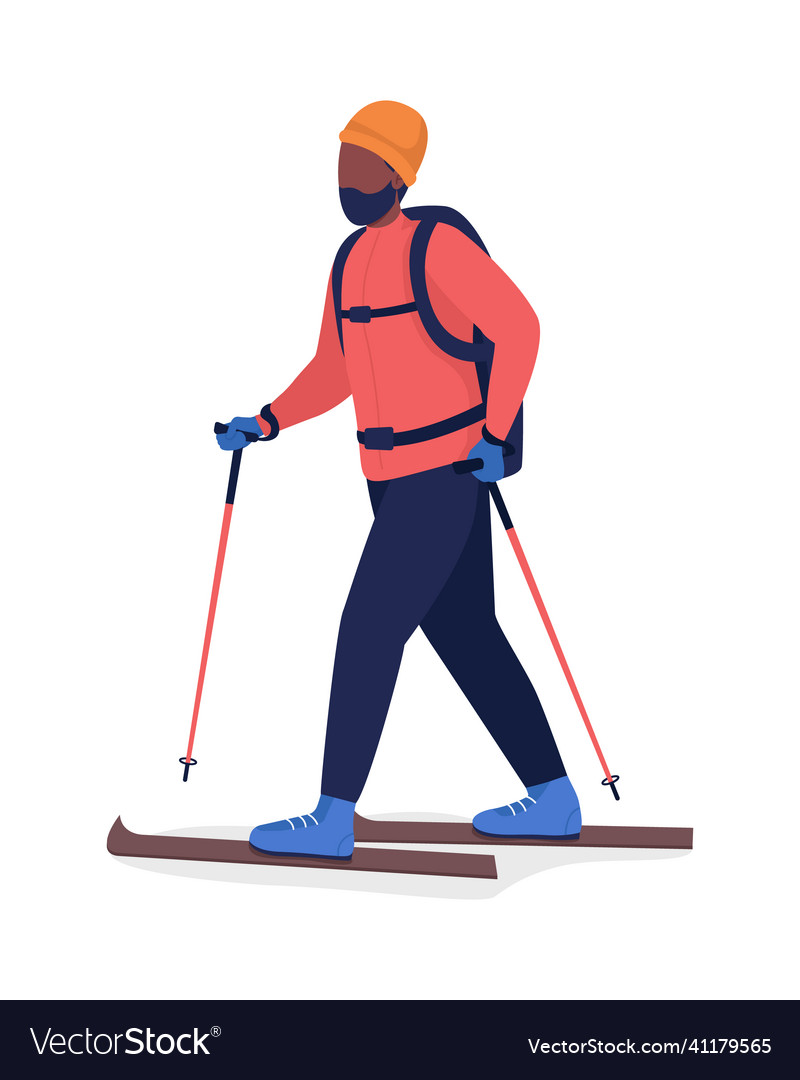 Man in red coat skiing semi flat color character Vector Image