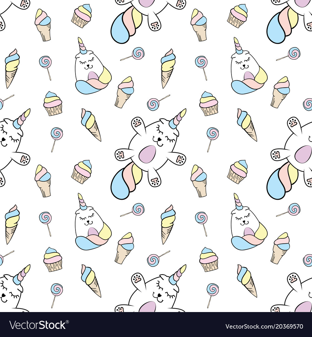 Seamless pattern with unicorn cats and sweets