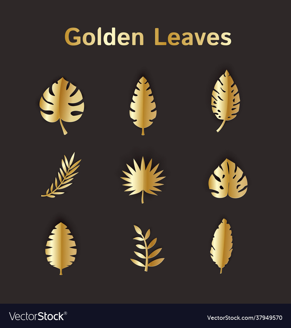 Set gold summer tropical leaves in paper cut Vector Image