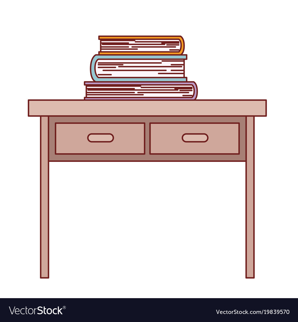 Wooden desk with two drawers and books on top in Vector Image