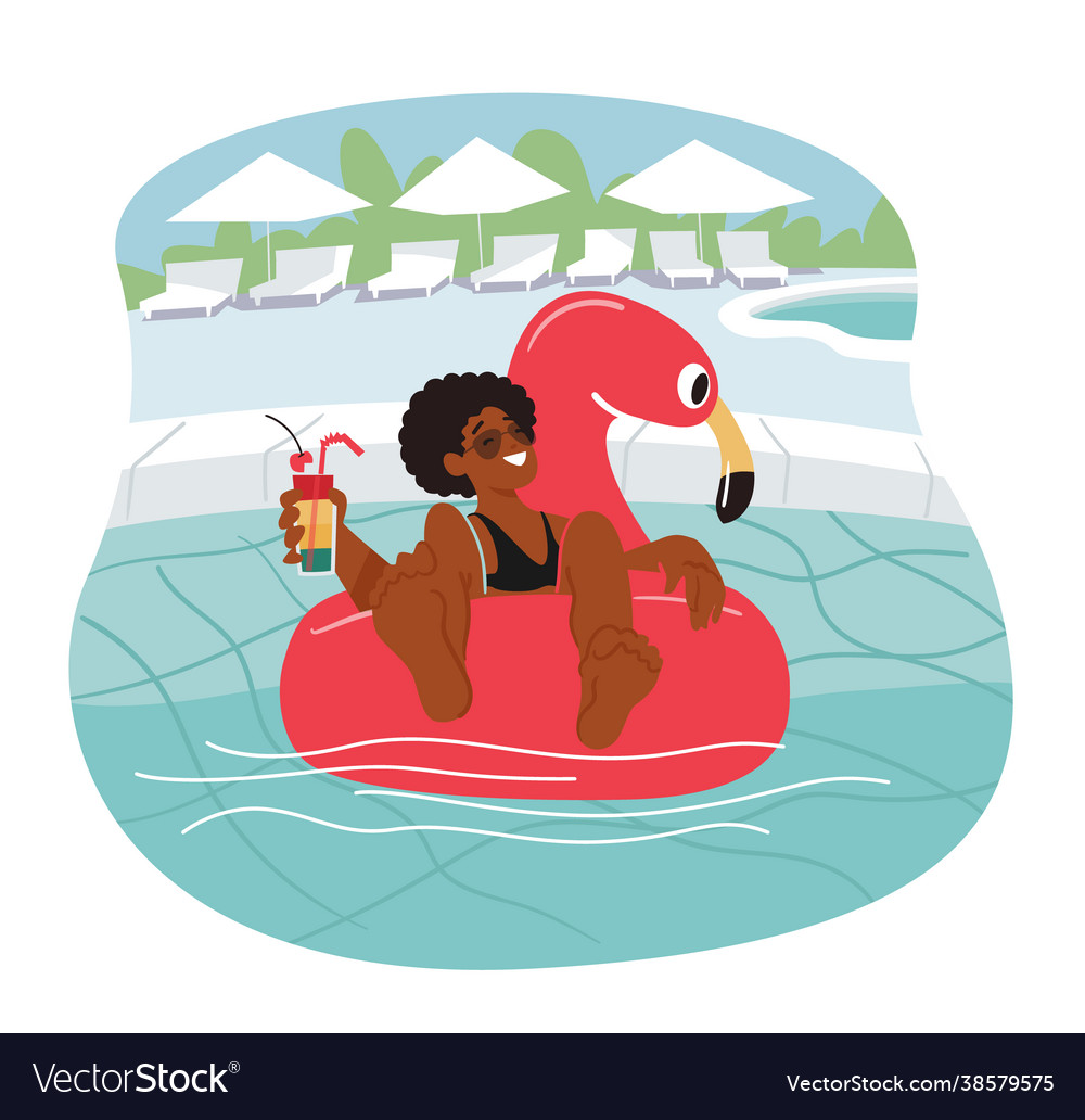 Female character relax at poolside floating