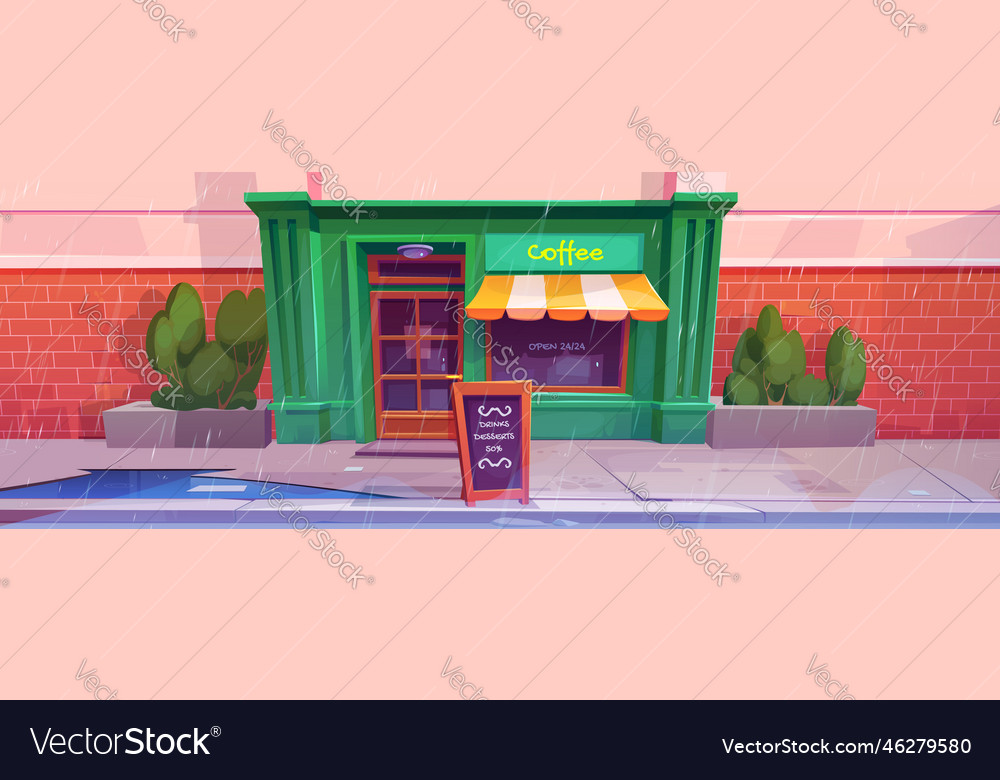 City street with coffee shop front in rain Vector Image