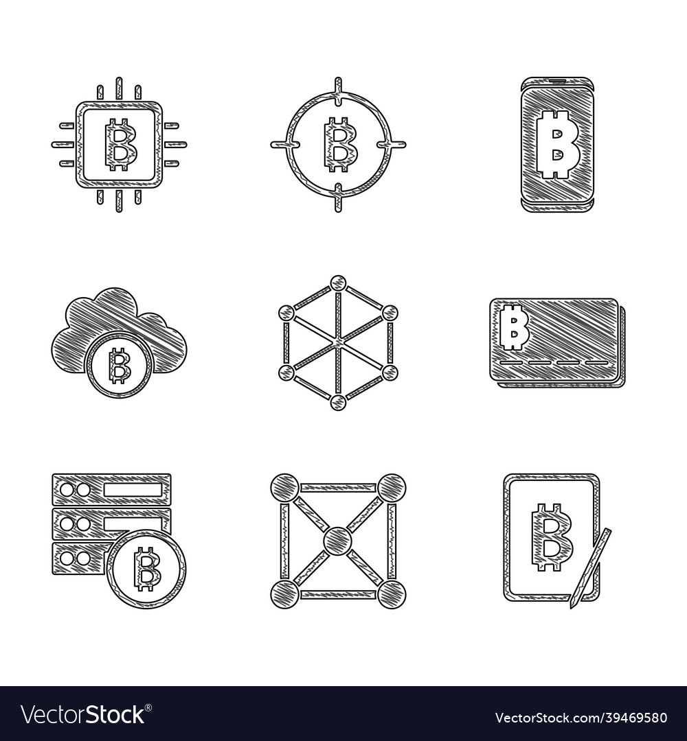 Set blockchain technology mining bitcoin from vector image Set blockchain technology mining bitcoin from