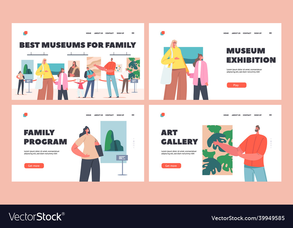 Families visit museum landing page template set vector image Families visit museum landing page template set