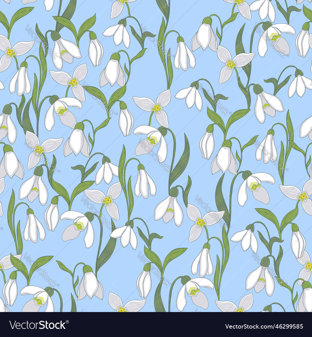 Seamless pattern with snowdrop flowers on a blue