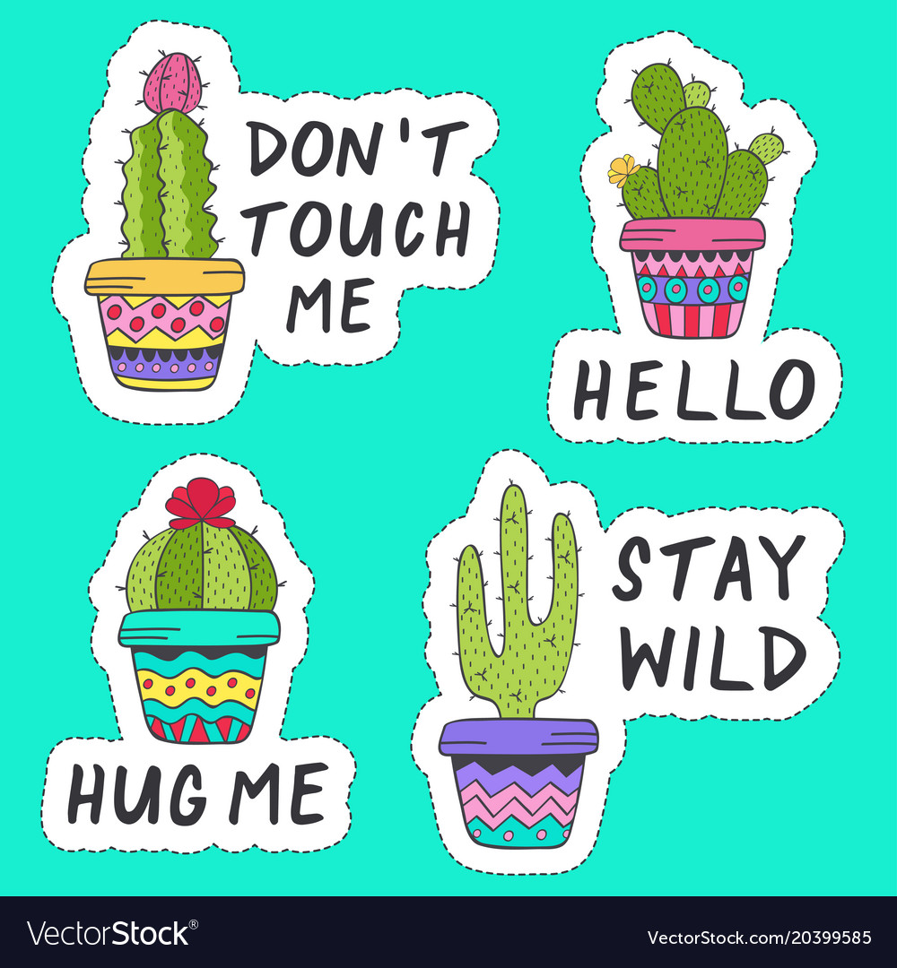 Set isolated stickers with cactus Royalty Free Vector Image