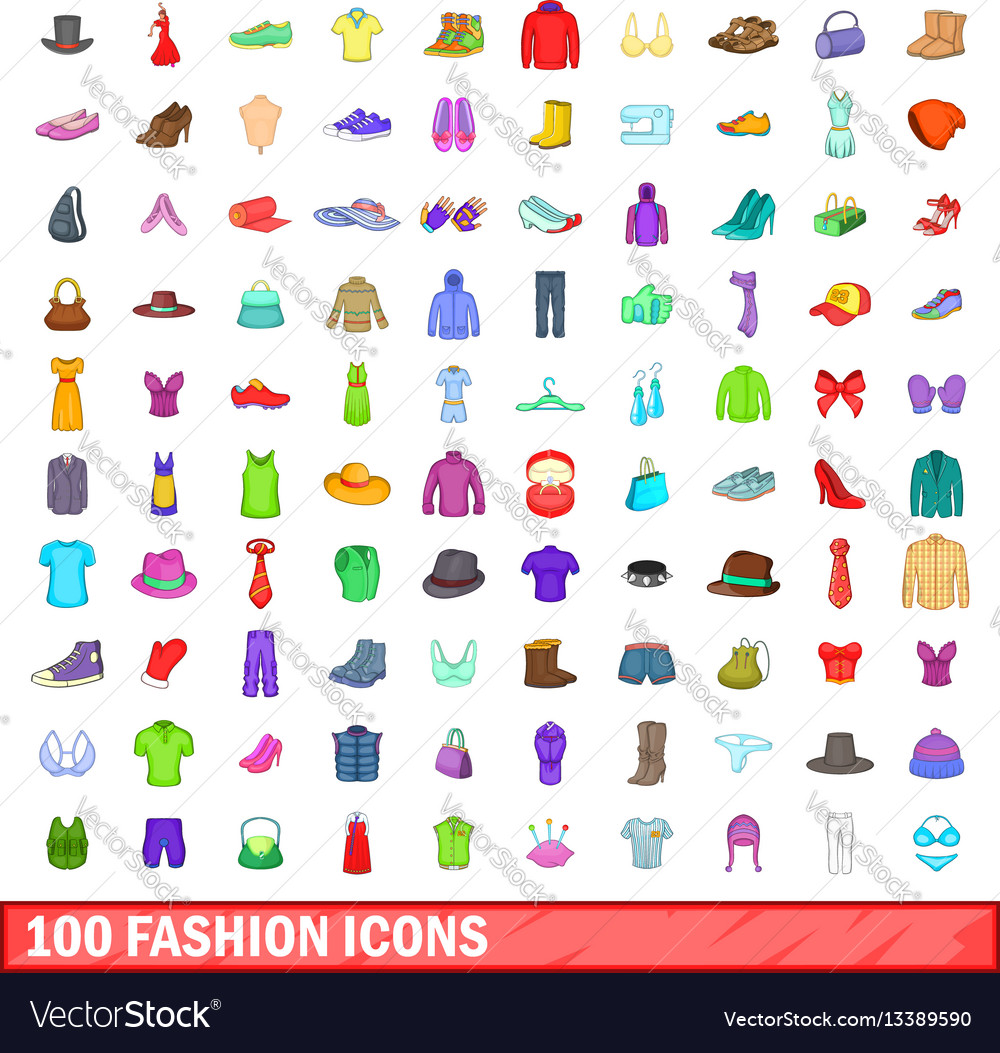 100 fashion icons set cartoon style Royalty Free Vector