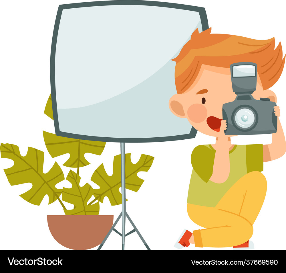 Cute little boy with camera taking photograph Vector Image