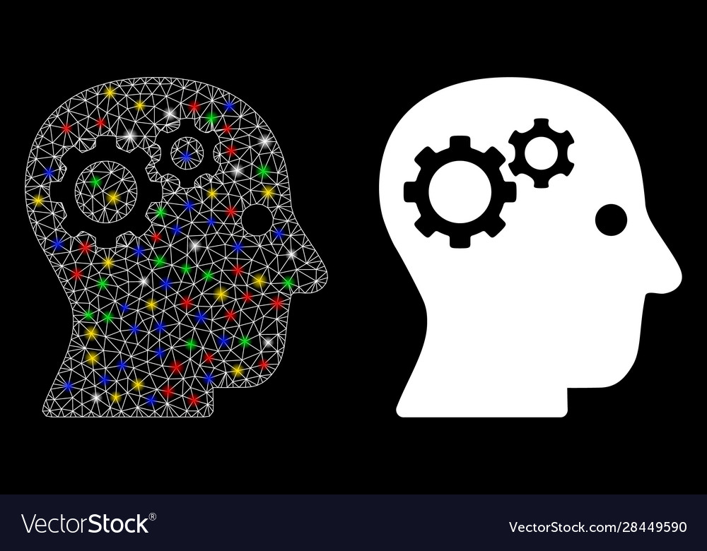 Glowing mesh 2d intellect gears icon with flash vector image Glowing mesh 2d intellect gears icon with flash