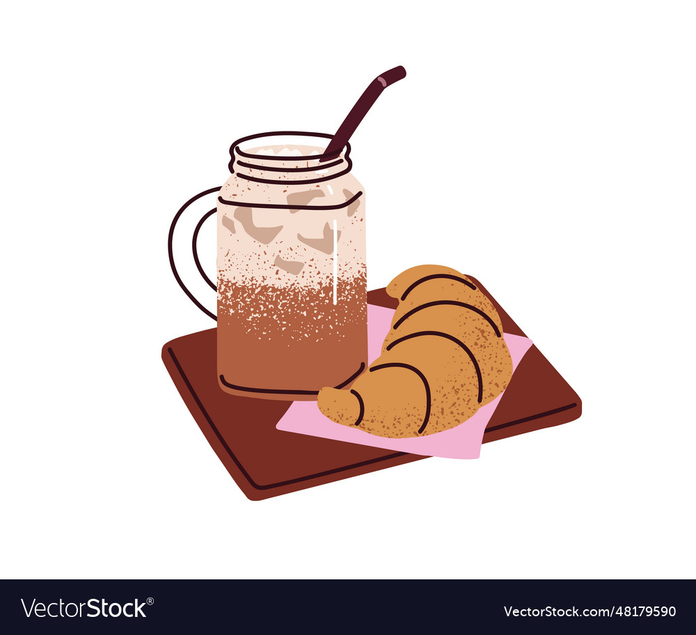 Iced coffee glass jar with milk french croissant vector image Iced coffee glass jar with milk french croissant