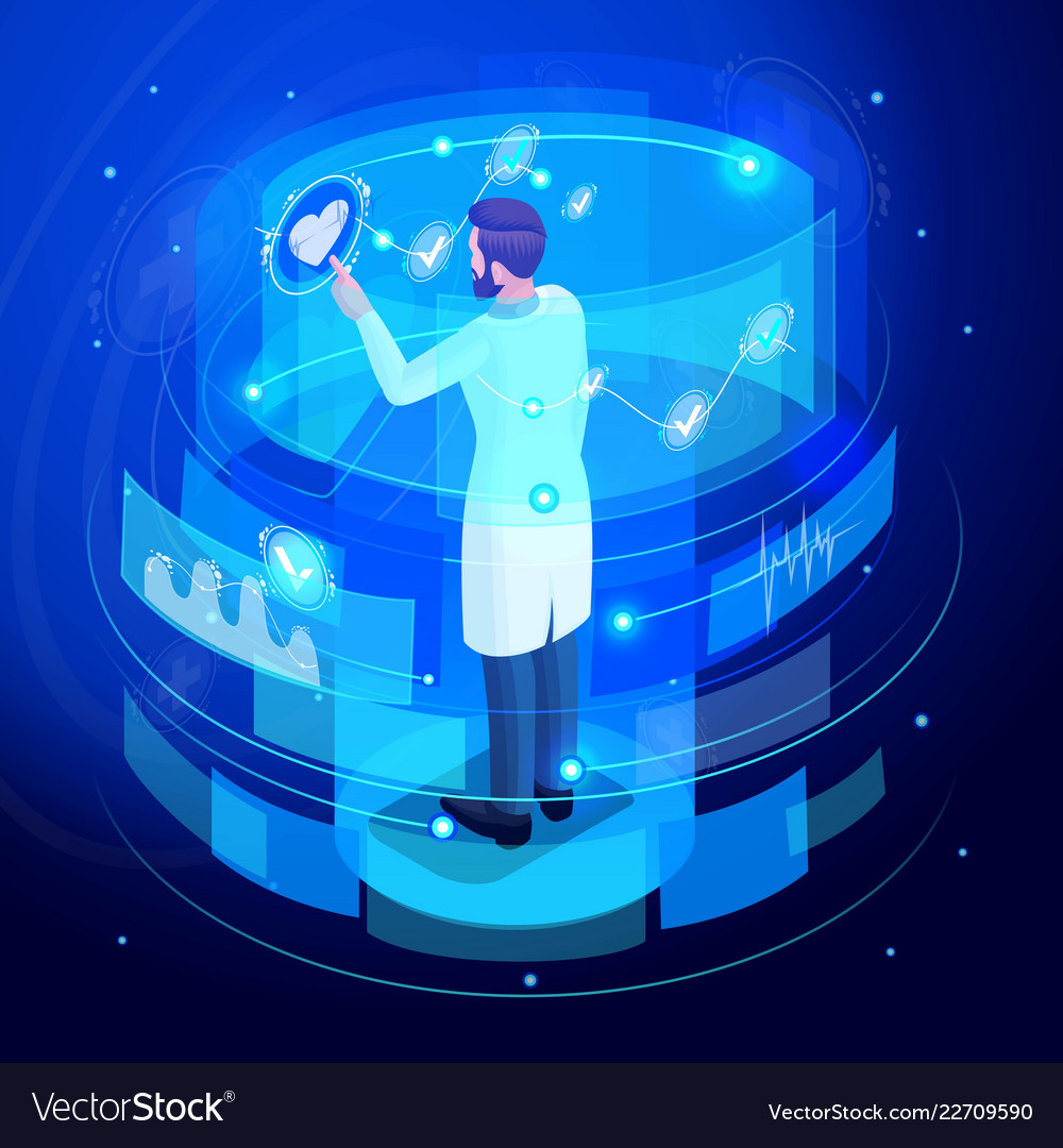 Isometric doctor working virtual screen back view Vector Image