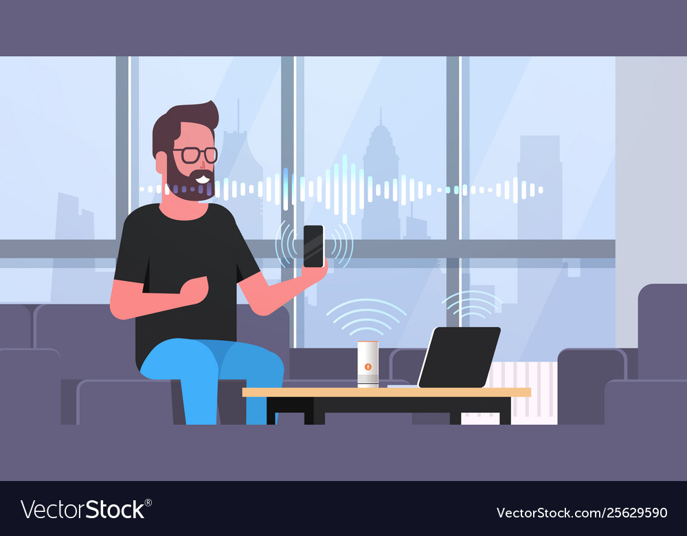 Man using smartphone and laptop controlled vector image Man using smartphone and laptop controlled